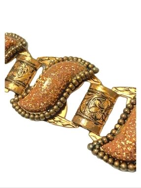 Vintage copper confetti gold stone lucite pannel bracelet from 1950s 60s Renoir